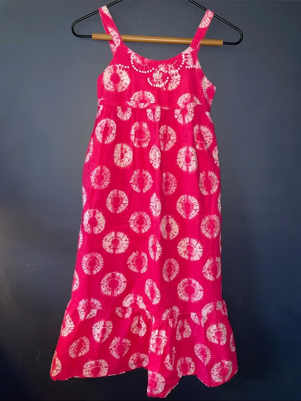 Calyso St. Barth x Target Poplin Cotton Beaded Tie Dye Maxi Sundress, Ruffle Hem